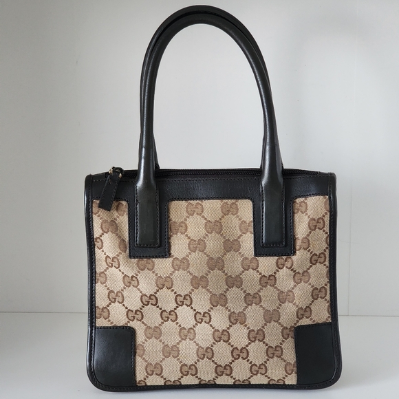 Vintage Gucci GG Supreme Monogram Canvas Brown Leather Mini Zippered Tote Bag - Picture 4 of 16
